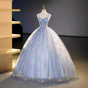 Gray Blue Ball Gown Sweetheart Neckline Floral Print Organza Empire Waist Evening Dress For Banquet Events - Product Image 2