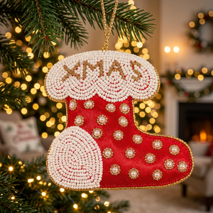 Chaussette de Noël décorative moderne, broderie perlée Zari, ornements festifs faits à la main pour mur/arbre, artisanat en pierre - Product Image 5