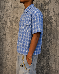 Chemise en flanelle à carreaux unie à manches courtes boutonnée, coupe ample, grande taille, patchwork, fabriquée sur mesure pour hommes - Product Image 3
