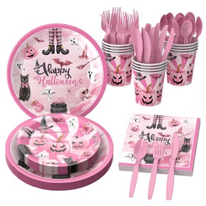 DAMAI 128 Pcs Halloween Plates Napkins Cups Set Pink Spooky Disposable Tableware for Horror Theme Birthday Party Decorations - Product Image 2
