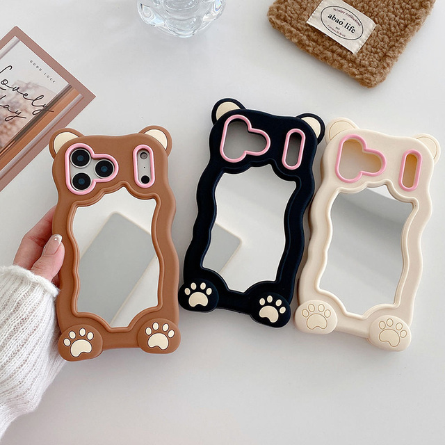Trendy  Animals Cute Bear Silicon Mirror Mobile Cell Phone Case  for Iphone 15 Pro Max 16E 17 14 13 12 Pro