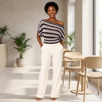 Haut pull décontracté d'été respirant à col ouvert et manches chauve-souris en tricot rayé pour femme, personnalisable OEM & ODM