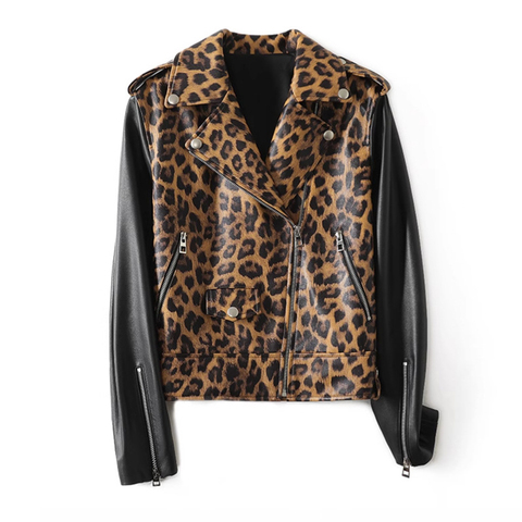 5167-1 Sheepskin Genuine Leather Spliced Leopard Print Lapel Zip Slim-fit Biker Short Printed Leather Jacket