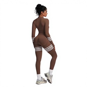Combinaison pour femme à taille haute, manches longues, couleur unie, col en V, longueur intégrale, respirante, extensible, coupe moderne, tenue de sport - Product Image 3