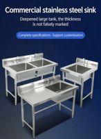 Évier double commercial autoportant en acier inoxydable 304, capacité 300 kg, tailles personnalisées OEM pour cuisine de restaurant