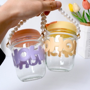 Bonita botella de agua de vidrio de doble pared con tapa de plástico y pajita, de alta calidad, anti-escaldaduras, con diseño de pulsera de perlas y letras - Product Image 2