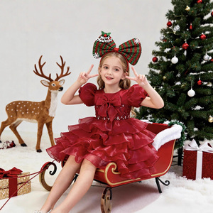 Girls Cake Dress With <b>Bow</b> Puff Sleeves Princess Dress For Flower Girl Party 8622 - Product Image 3
