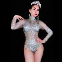 Body sexy à manches longues avec strass, barboteuse moulante grande taille pour femmes, tenues de pole dance, combinaison de scène pour dames