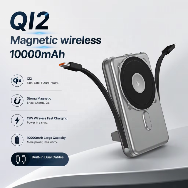 QI2 10000mAh Magnetic Wireless Power Bank Built-in Dual Cables Portable Magnet Powerbank With Phone Stand Fast Charging