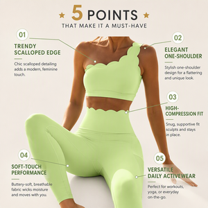 Ensemble de yoga 2 pièces pour femme, vert citron uni, respirant, grande taille, avec soutien-gorge de sport à bretelle unique et leggings taille haute à bord festonné - Product Image 5