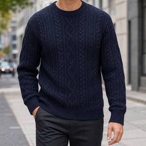 Pull en <span class=keywords><strong>maille</strong></span> torsadée de haute qualité pour homme, col rond, <span class=keywords><strong>bleu</strong></span> <span class=keywords><strong>marine</strong></span>, épais, fabrication OEM ODM - Product Image 1