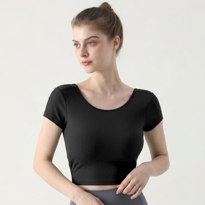 Wholesale Women Ribbed Cross Twist Back Yoga Crop Tops Stretch Short Sleeve Athletic T Shirts Built in <b>Bra</b> Pilates Activewear - Product Image 3