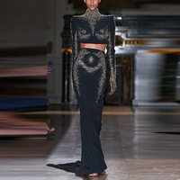 Ensemble deux pièces de luxe personnalisé pour femme, orné de perles et de sequins, comprenant un haut court à manches longues et une jupe longue sirène, robe de soirée, faible MOQ