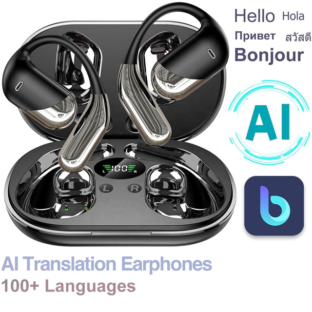 Q16-H3 Electroplated Shell AI Earbuds Translator Earphones Ear Hook Sports Support Audio Video Call Translation Digital Display