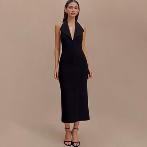 Elegante Abito Midi da <span class=keywords><strong>Donna</strong></span> con Scollo a V Profondo e Colletto Halter, Bordeaux, con Bottoni Frontali, Aderente, Stile Tubino, per Cocktail Party, Serate Formali e Gala 2026 - Product Image 2