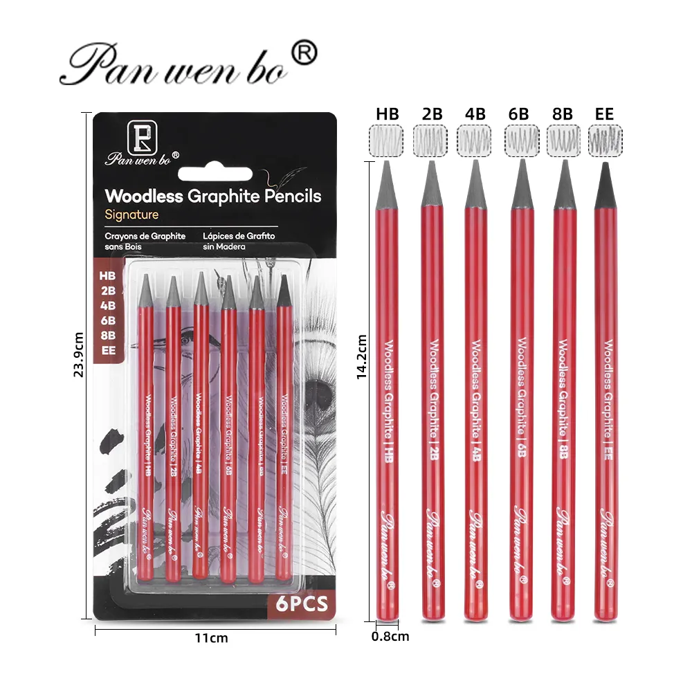 Panwenbo Customizable Woodless Graphite Pencil Set 6pcs/Set Sketch Pencil Set for Sketch and Drawing
