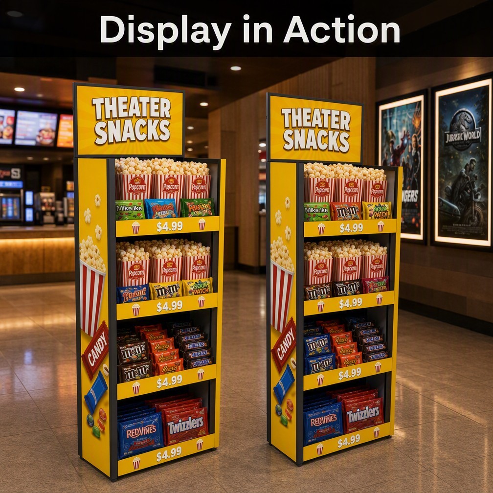 Apache Custom Candy Display Rack 4-Way 4-Tier Metal Snack Merchandiser Knock Down Floor Stand for Movie Theater OEM ODM — view 1