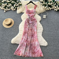 Robe longue décontractée élégante rose tie-dye froncée en maille sans manches pour femme, idéale pour les fêtes, le quotidien et les vacances