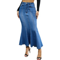 Tas Pinggang Tinggi Baru Musim Semi Musim Gugur Wanita Rok Denim Ekor Sapi Panjang Ruffle Liar Kelim Ketat Rok Denim