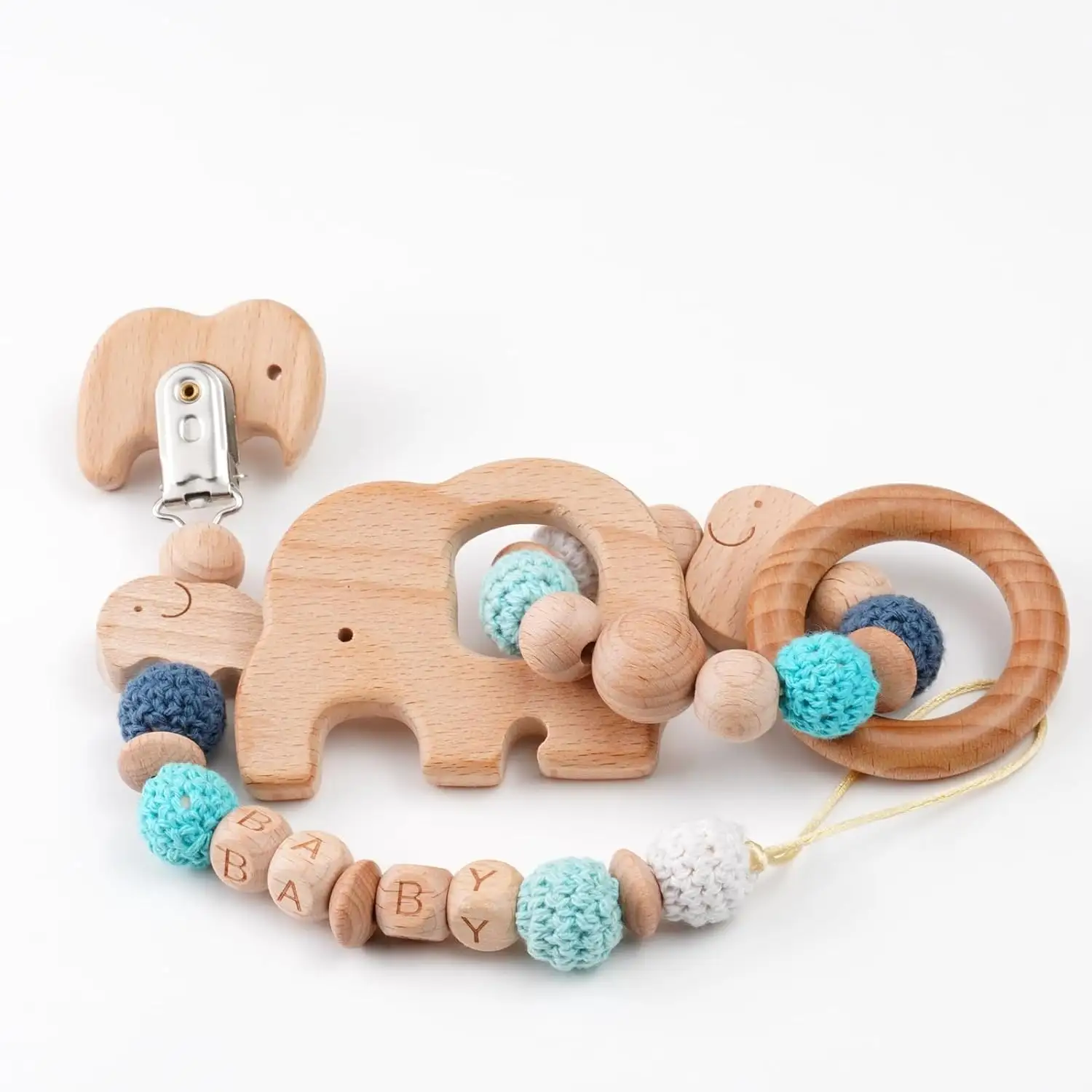 Set mainan gigi kayu (paket 2) cocok untuk bayi usia 0-6 bulan, bayi: mainan kerincingan, cincin dan mainan kursi mobil-mobilan Ideal Soothi