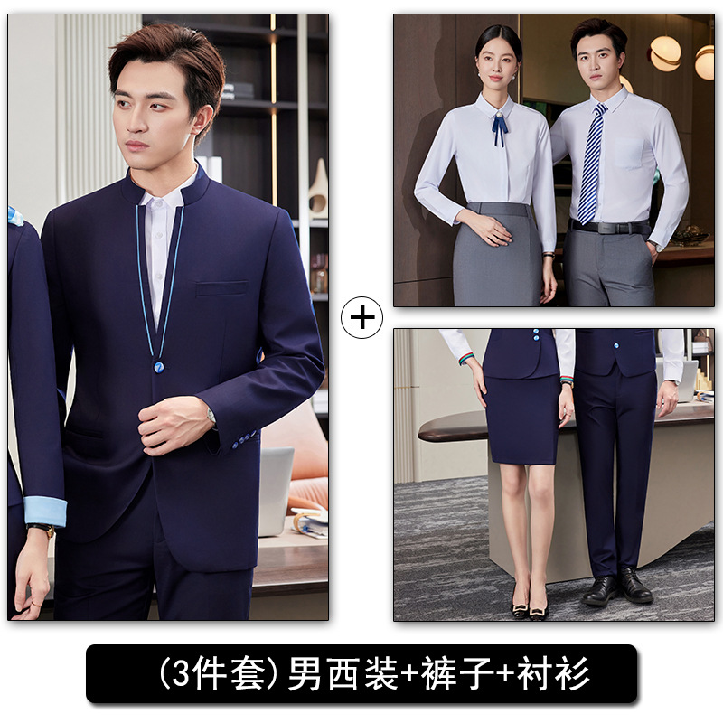 Men's blue suit, white shirt and trousers