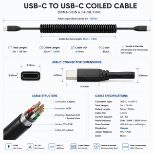 Maßgefertigtes <span class=keywords><strong>USB</strong></span>-C Spiralkabel Flaches Federkabel Typ-C Kabel 3A/5A Schnellladung 20W 60W 100W TPU Flexibles Einziehbares Kabel - Product Image 2
