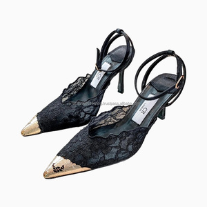 Zapatos de tacón alto de lujo para mujer, con punta en pico, de encaje negro, para novias, de diseñador, para boda, venta al por mayor - Product Image 4