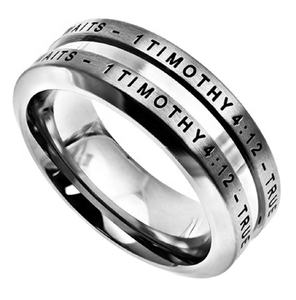 Yiwu Aceon Acero inoxidable MAN of GOD Christian Bible Verse dos filas estampado Centro ranurado Timothy True Love Waits Ring - Product Image 2