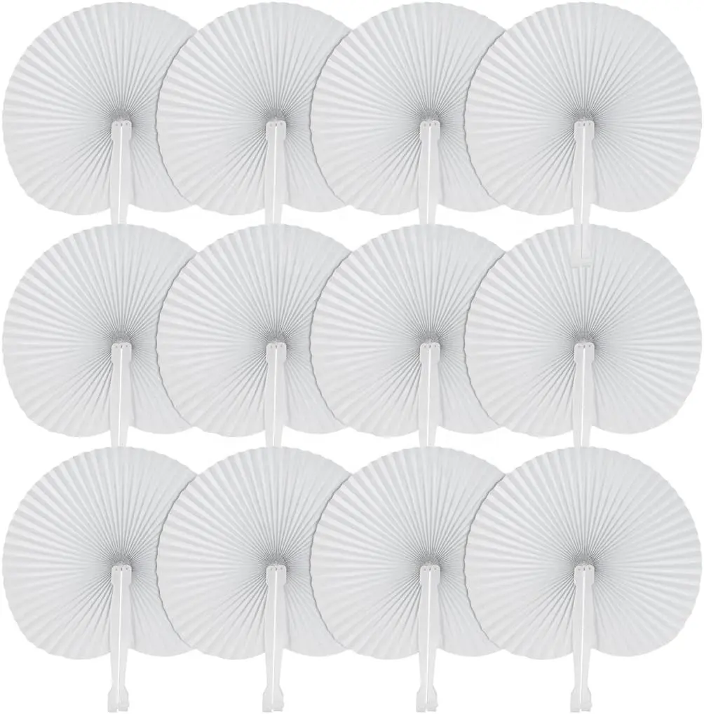 Custom Plastic Hand Fan Paper Round Shape Handheld Fans with Plastic Handle for Wedding