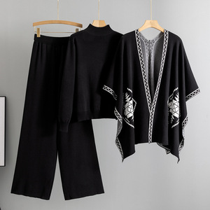 Ensemble tricoté automne-hiver, <span class=keywords><strong>cape</strong></span> jacquard, haut à col rond, pantalon large décontracté, ensemble trois pièces, tenue pull pour femme - Product Image 5