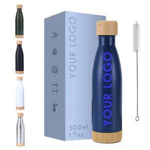 Botella de Agua Aislada de Acero Inoxidable con Tapa y Base de Bambú, 500 ml, para Viajes, Uso en Oficina y Actividades al Aire Libre - Product Image 1