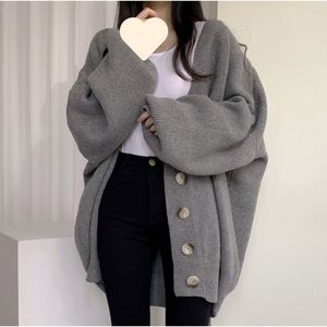 Women's Autumn Winter Long <b>Coat</b> Casual Lazy Style V-Neck Single-Breasted Loose Lantern Sleeve Knitted <b>Cardigan</b> - Product Image 2