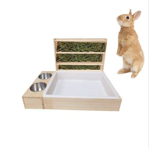 Comedero de heno para conejos de madera maciza, cama para mascotas con bandeja de alimentación y cuencos multifuncionales para mascotas pequeñas - Product Image 1
