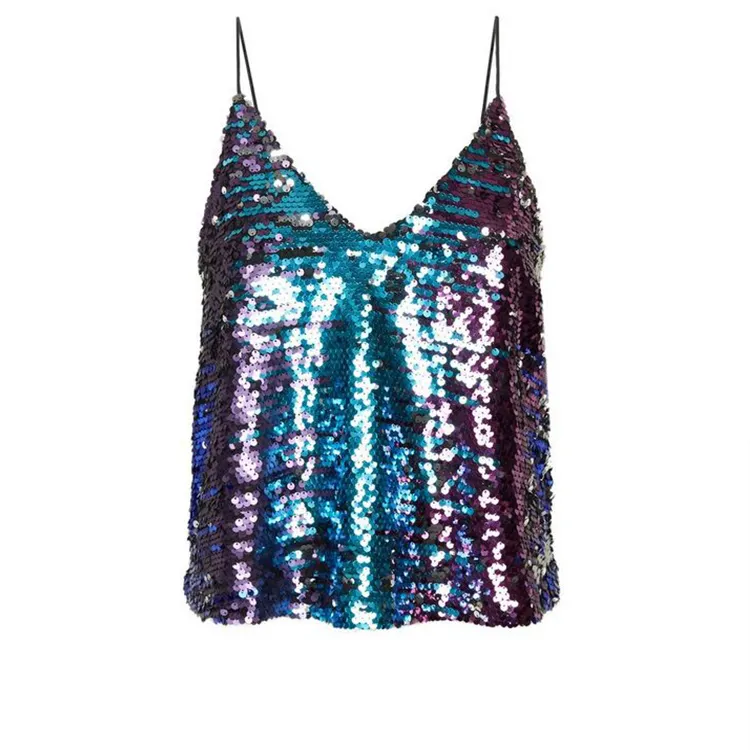 Personalizzato Blu Brillante Paillettes Cami Top di Estate Scollo A V Senza Maniche Halter Paillettes Casuale Camicetta Superiore