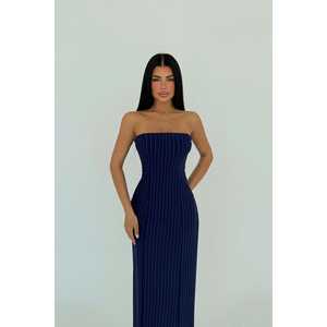 Navy Satin Polyester <b>Strapless</b> A-Line Party <b>Dress</b> High Collar Ruched Ruffled Natural Waist Knee-Length Simple for <b>Summer</b> - Product Image 2