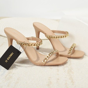 Sandalias de Tacón Alto Cuadrado para Mujer, Talla Grande, Verano, Finas, con Decoración de Cadena Metálica Dorada, para Exteriores, Primavera - Product Image 1