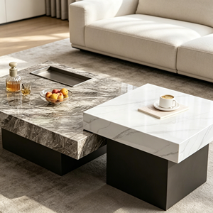 Modern Movable <b>Nested</b> Sintered Stone <b>Coffee</b> <b>Table</b> <b>Set</b> With Built-in Tea Tray, Two-tone Square <b>Table</b> For Living Room Furniture - Product Image 1
