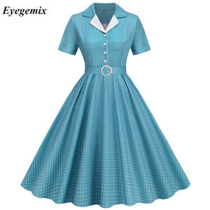 法国复古格子连衣裙女2025夏季复古50年代60年代70年代秋千别针摇滚派对礼服办公室睡袍前庭 - Product Image 1