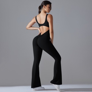 Combinaison de yoga et de gym sans manches à col en V pour femme, ensemble complet avec leggings évasés fendus, tenue de fitness pour femme, vente chaude - Product Image 2