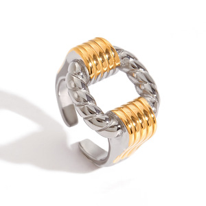 Anillo de Acero Inoxidable Chapado en Oro de 18K con Diseño Geométrico de Dos Tonos, Joyería Unisex para Regalo - Product Image 5