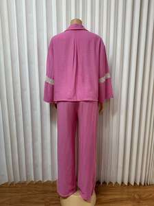 Dames Loungewear Set met Kantversiering, Knoopsluiting, Bell Sleeve Top + Wijde Broek, Casual Huispak, 2-delig, Sehe Fashion - Product Image 4