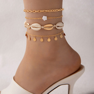 Île plage vent pied décoration coquille tissé multicouche femme cheville goutte huile coquille ronde pièce quatre couches femme cheville - Product Image 4