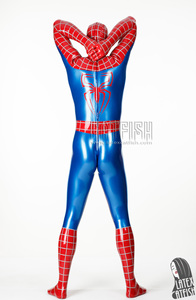 Catsuit <span class=keywords><strong>in</strong></span> lattice da <span class=keywords><strong>uomo</strong></span> per cosplay, blu metallizzato e rosso, a copertura totale, con cerniera posteriore a 3 vie e finitura effetto polvere. - Product Image 2
