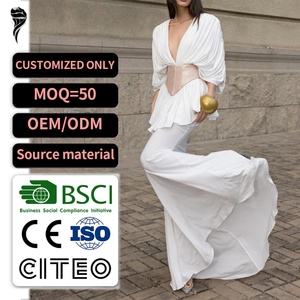 เดรสยาวทรงวีคอลึกแบบใหม่สำหรับผู้หญิง เนื้อผ้านุ่ม สไตล์แม็กซี่เดรสสำหรับฤดูร้อน งานเลี้ยงกลางคืน กระโปรงทรงเข้ารูป แต่งระบาย แขนยาว - Product Image 1