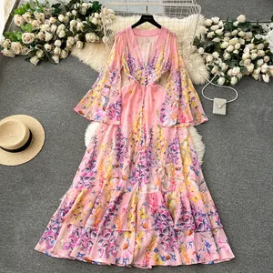 Le2340 kỳ nghỉ pháp toga của phụ nữ in hoa dài ăn mặc mùa xuân phụ nữ loe tay áo Ngực chiffon xù Ăn mặc