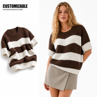 Pull en tricot rayé marron crème décontracté pour femme, manches courtes, col rond, coupe ample, 100% polyester