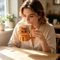 Mug à café en céramique 3D gaufré motif chat mignon, cadeau fantaisie pour les amoureux des chats, idéal pour la maison et le bureau, vente en gros
