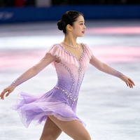Robe de patinage artistique à col volanté dégradé rose et violet avec strass, manches longues, en tissu mesh pour compétition de patinage sur glace pour adultes et enfants