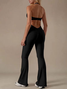 Combinaison de yoga pour femme OEM personnalisée, dos nu, à col licou, avec pantalon évasé, très élastique, effet seconde peau, pour le fitness et la gym - Product Image 5