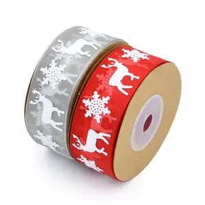 Foam printing snow deer Christmas Burlap ribbon for gift decoration